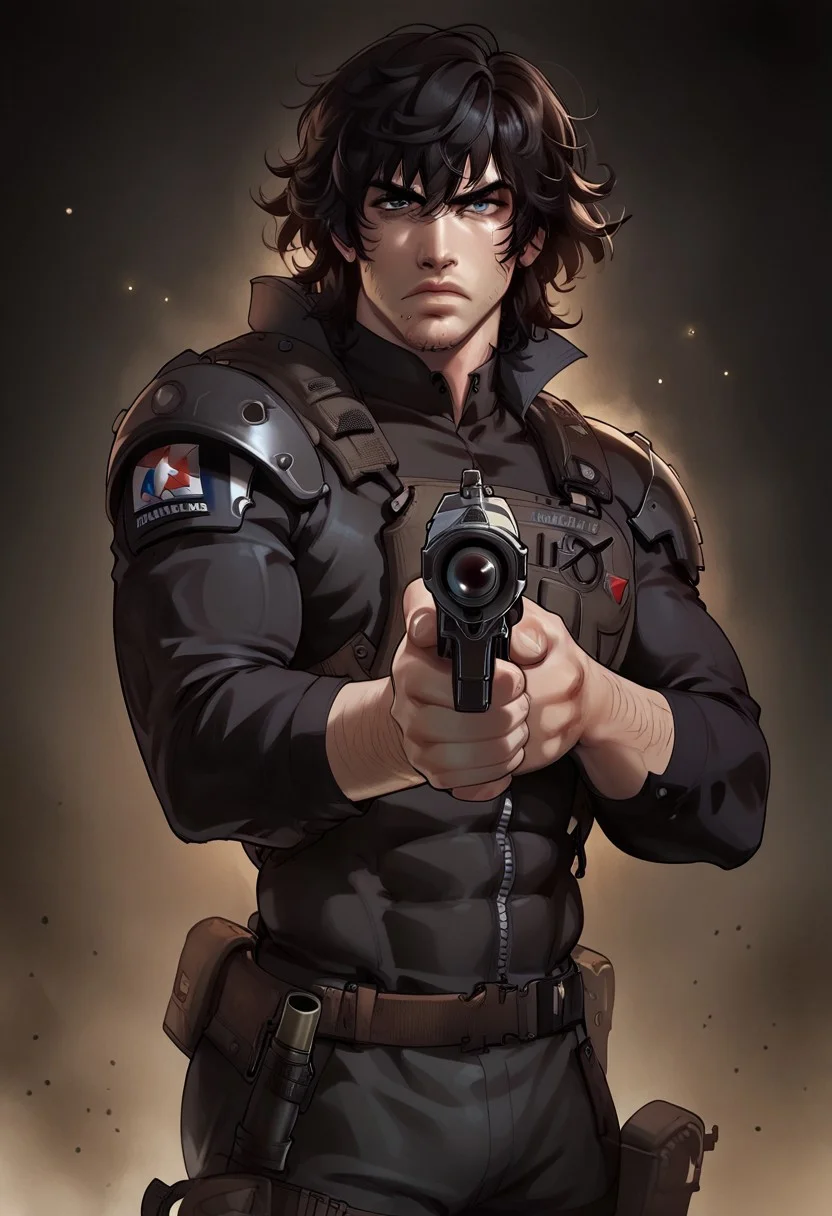 (score_9,score_8_up,score_7_up,score_6_up,score_5_up,score_4_up), tacticalgear,

1boy, marcosoliveira, long black hair, straight hair, wolf cut hair, dark blue eyes, stubble, cowboy shot, solo, looking_at_viewer, strong body, 1boy, solo, male focus, serious, closed lips, tired look, muscular male,

black shirt, shoulder gun holster, pointing pistol at viewer. dynamic position, aiming pistol


dark background, night,
 Expressiveh


