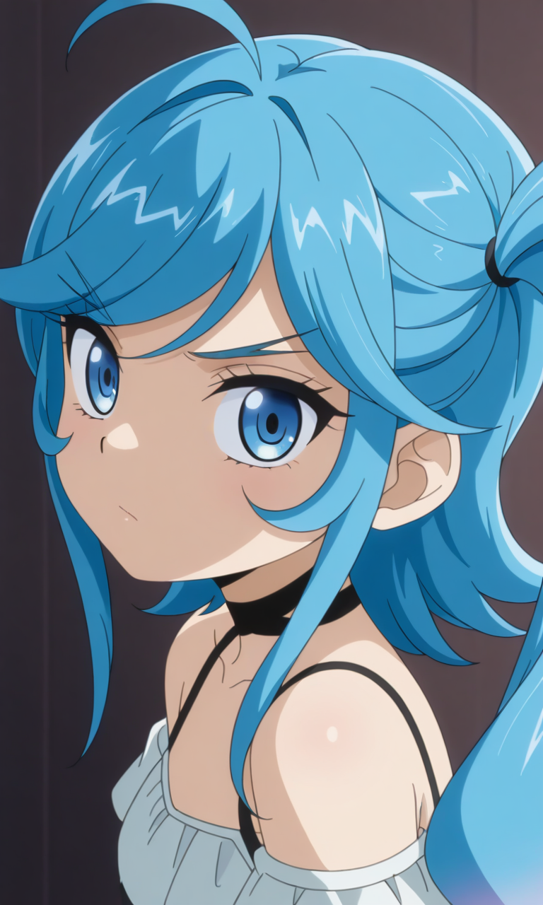 1girl, solo, kamijo_epoch, blue hair, multicolored hair, side ponytail, ahoge, blue eyes, black choker, black wear, bare shoulders, portrait, looking at viewer, masterpiece,best quality,amazing quality,very aesthetic,absurdres,newest,