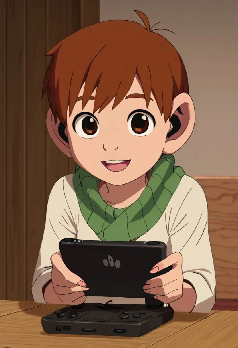 chilchuck_tims, brown hair, brown eyes, solo, at living, playing console game, happy expression