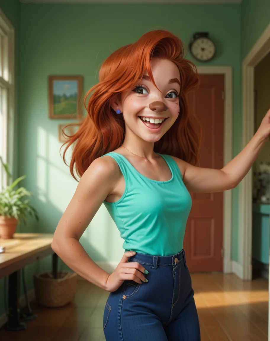 by day-tripper-guy, solo, green room, roxannerover, beauty mark, red hair, regular clothes, open smile, best quality, hi res, <lora:RoxanneXL_010-Pony-nd32-na64-lr2-ep14:1>, score_9, score_8_up, score_7_up, score_6_up, score_5_up, score_4_up