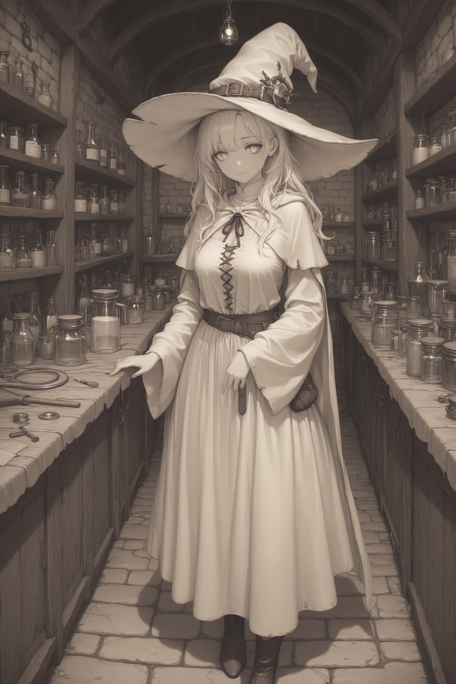 masterpiece, best quality, amazing quality, witch,  lineart, clothed, medieval laboratory, solo,