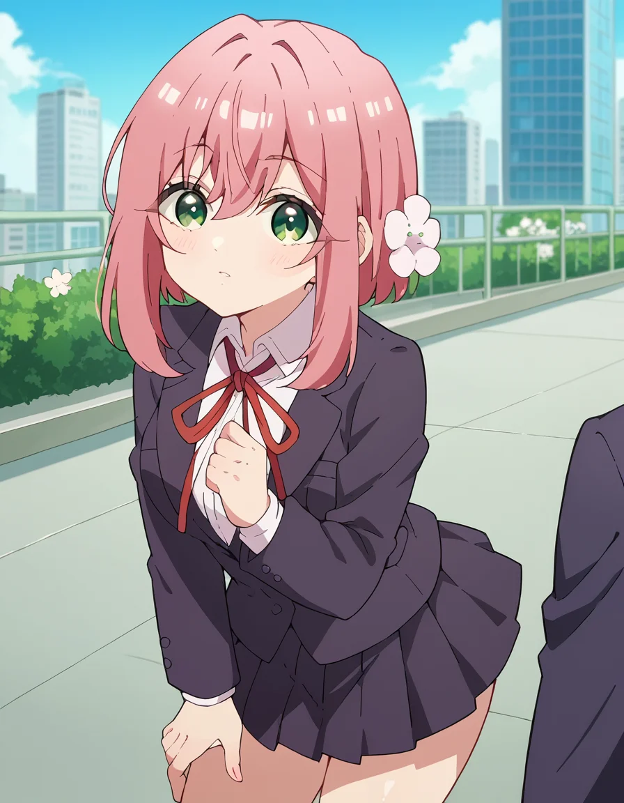 score_9, score_8_up, score_7_up, source_anime,
hakarihanazono, <lora:hakari-hanazono-s1-ponyxl-lora-nochekaiser:1>,
hakari hanazono, short hair, hair ornament, green eyes, pink hair, flower, hair flower, hair between eyes, sidelocks,
skirt, shirt, ribbon, school uniform, blazer, white shirt, pleated skirt, collared shirt, black skirt, red ribbon, neck ribbon,
outdoors, cityscape, bent over,
looking at viewer, dutch angle, cowboy shot,