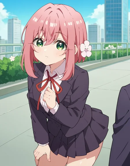 score_9, score_8_up, score_7_up, source_anime,
hakarihanazono, <lora:hakari-hanazono-s1-ponyxl-lora-nochekaiser:1>,
hakari hanazono, short hair, hair ornament, green eyes, pink hair, flower, hair flower, hair between eyes, sidelocks,
skirt, shirt, ribbon, school uniform, blazer, white shirt, pleated skirt, collared shirt, black skirt, red ribbon, neck ribbon,
outdoors, cityscape, bent over,
looking at viewer, dutch angle, cowboy shot,