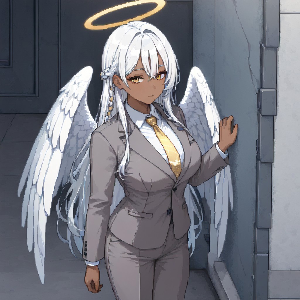 masterpiece, best quality, newest, absurdres, highres, PCSVIL-V1.0, pixel art, 1girl, dark skin, dark-skinned female, grey suit, suit official attire, official clothes, nectie, yellow necktie, white hair, long hair, braid, single braid, angel, angel girl, halo, wings, angel wings,