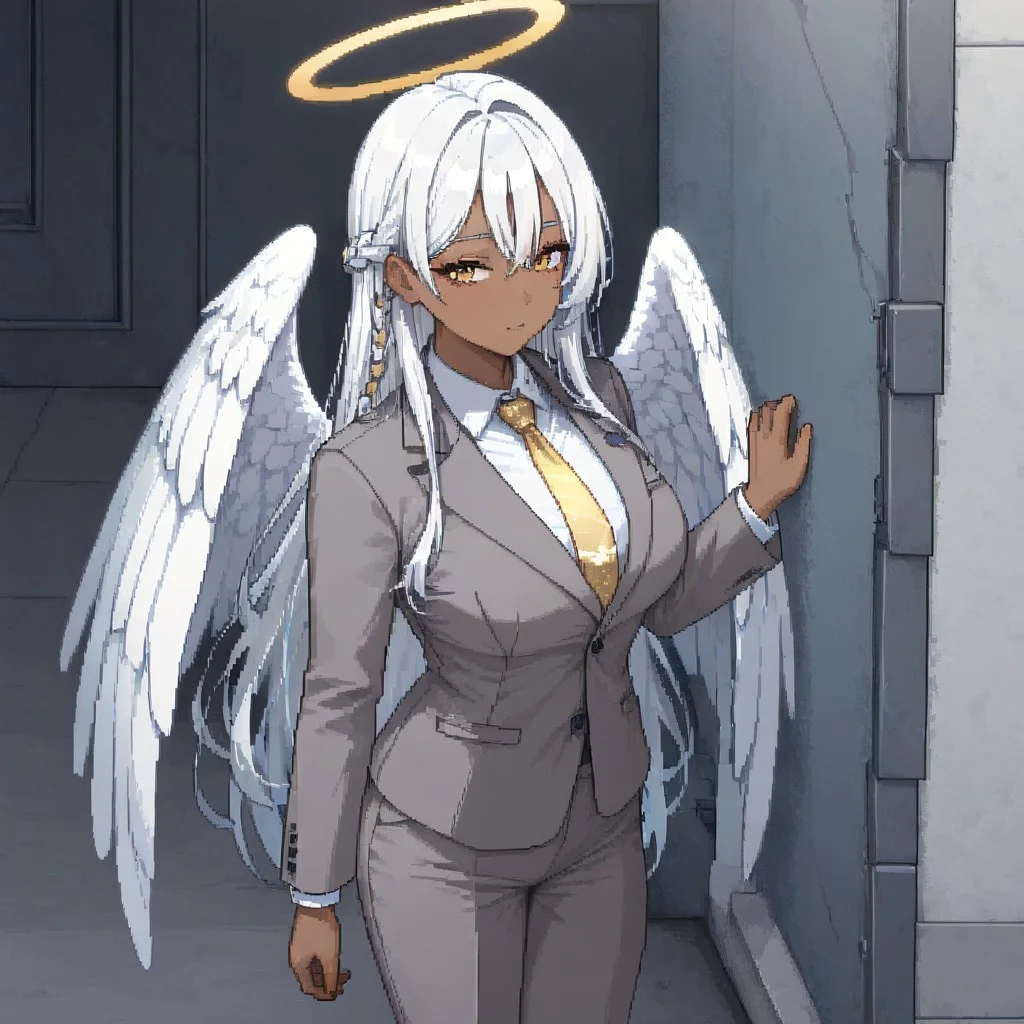 masterpiece, best quality, newest, absurdres, highres, PCSVIL-V1.0, pixel art, 1girl, dark skin, dark-skinned female, grey suit, suit official attire, official clothes, nectie, yellow necktie, white hair, long hair, braid, single braid, angel, angel girl, halo, wings, angel wings,