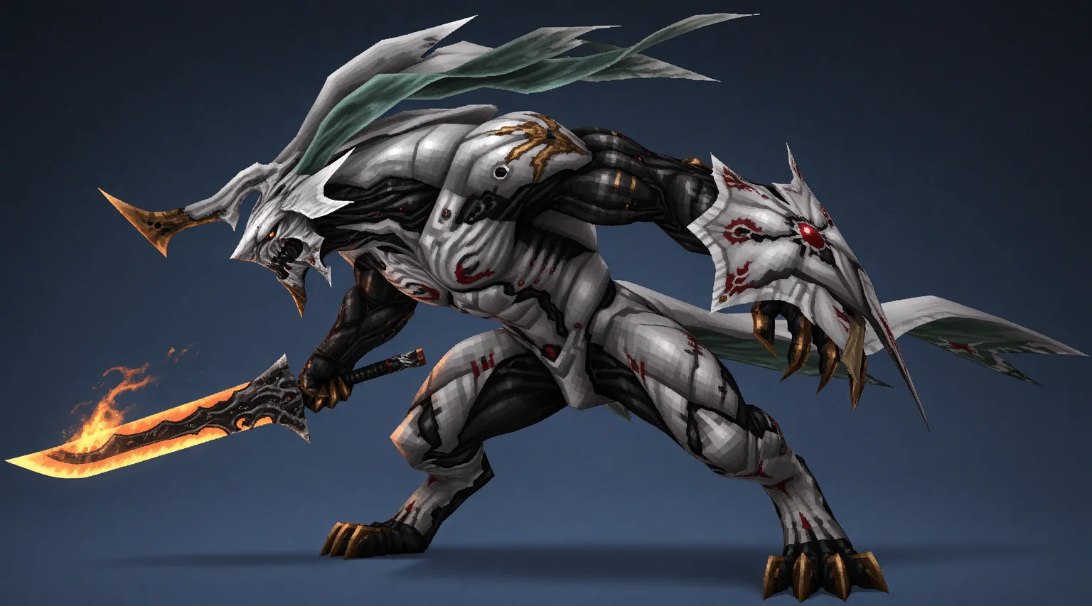 IllusP0s,<lora:ps1_character:1>,3d,low poly,
masterpiece,best quality,amazing quality,chibi,
1other,solo,<lora:Beta_Behemoth:1>,Final Fantasy XIII Beta Behemoth,multiple eyes,glowing eyes,digitigrade,claws,1boy,biomechanical beast,holding big sword,
(side view:1.2),serious,creepy,full body,holding shield,holding flaming sword,monster,ghostly,fighting stance,boss fight,
blue background,ps1ch4r4cter,final fantasy vi,
