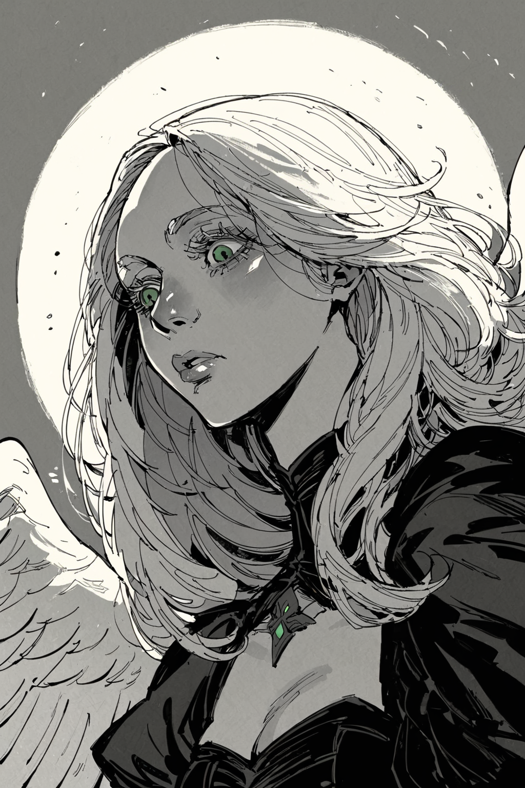 score_9,score_8_up,score_7_up,score_6_up,medium shot,young girl,long hair,(white hair),eyelashes,gothic,green eyes,((monochrome)),DnD_Grainyboyz,grainy,noise,1970's dark fantasy book cover paper art dungeons and dragons style drawing,angel wings,from below,straight hair,<lora:discoelysium_v2:0.6>,<lora:DnD_Grainyboyz SDXL Lora:0.4>,<lora:Neo-Ukiyo:0.7>,<lora:Expressive_H:0.7>,