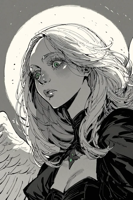 score_9,score_8_up,score_7_up,score_6_up,medium shot,young girl,long hair,(white hair),eyelashes,gothic,green eyes,((monochrome)),DnD_Grainyboyz,grainy,noise,1970's dark fantasy book cover paper art dungeons and dragons style drawing,angel wings,from below,straight hair,<lora:discoelysium_v2:0.6>,<lora:DnD_Grainyboyz SDXL Lora:0.4>,<lora:Neo-Ukiyo:0.7>,<lora:Expressive_H:0.7>,