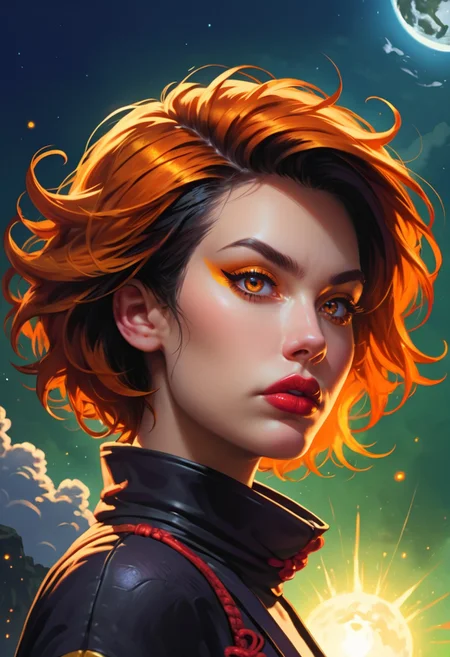<lora:g0th1cPXL:0.5>g0th1c<lora:TradingCardsPonyXL:0.65>dsktrdcardxl,score_9, score_8_up, score_7_up, score_6_up, solo, source_comic, comic book art, fantasy art, Lenticular, dark and dim, Low Angle, (side view perspective), a woman, (ninja:1.1) woman, with yellow ,orange hair, deep amber ,gray eyes, detailed eyes, with a high collar cyber (Samurai:1.1) jacket, Large linen cape ,super detailed, background is luxury amber , surrounded by a detailed spacescape with translucent dark-amber Highlights, stunning lighting, detailed, highly vibrant, detailed, masterpiece, highly detailed, high quality, score_5_up, score_4_up,