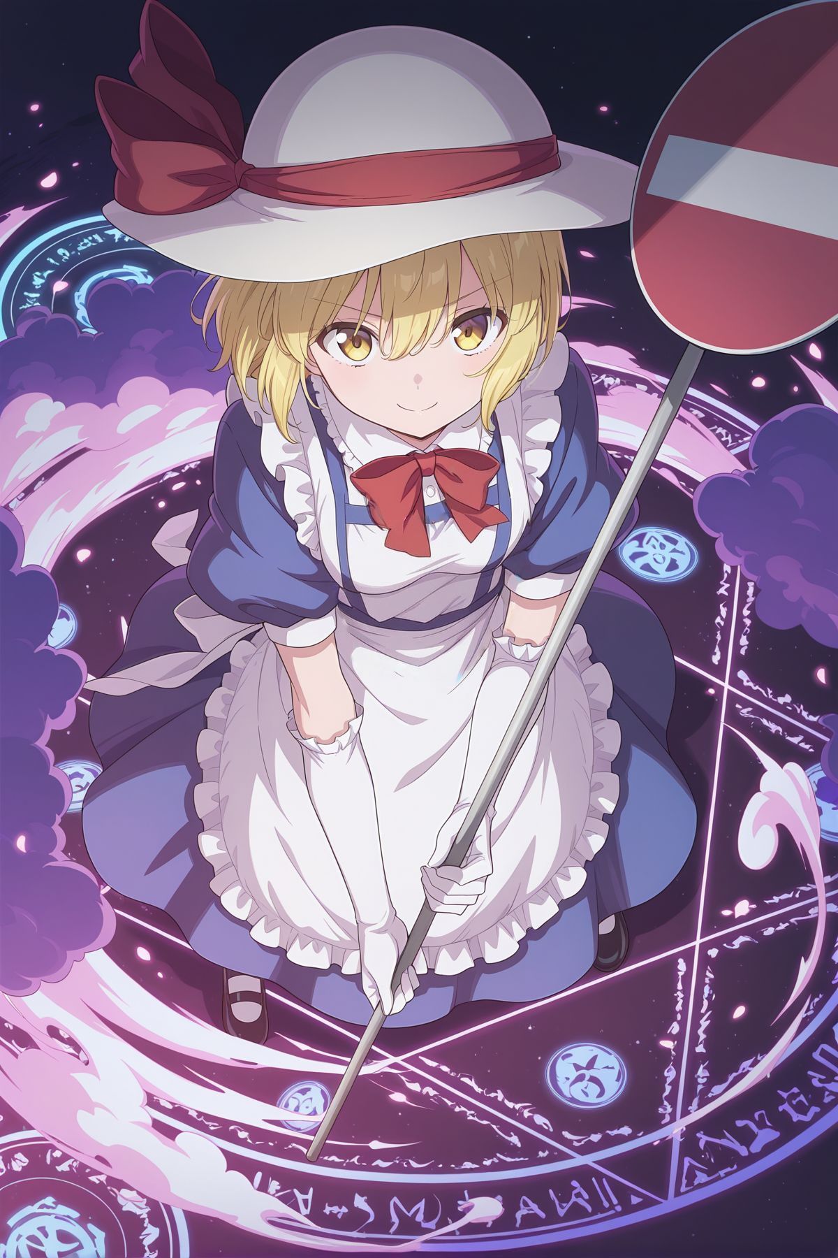 absurdres, highres, masterpiece, best quality, amazing quality, official anime artwork, screencap, anime screencap, 
<lora:Kana_Anaberal:1> kana anaberal, 1girl, solo, yellow eyes, blonde hair, short hair, sidelocks, medium breasts,, white hat, hat ribbon, red ribbon, puffy short sleeves, collared shirt, white shirt, blue dress, frilled dress, collared dress, white apron, waist apron, frilled apron, maid apron, elbow gloves, white gloves, frilled gloves, black shoes, mary janes, white socks, holding sign, no entry sign,
from above, looking at viewer, smile, serious, magic circle, night, danmaku, dynamic pose,