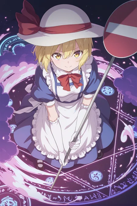 absurdres, highres, masterpiece, best quality, amazing quality, official anime artwork, screencap, anime screencap, 
<lora:Kana_Anaberal:1> kana anaberal, 1girl, solo, yellow eyes, blonde hair, short hair, sidelocks, medium breasts,, white hat, hat ribbon, red ribbon, puffy short sleeves, collared shirt, white shirt, blue dress, frilled dress, collared dress, white apron, waist apron, frilled apron, maid apron, elbow gloves, white gloves, frilled gloves, black shoes, mary janes, white socks, holding sign, no entry sign,
from above, looking at viewer, smile, serious, magic circle, night, danmaku, dynamic pose,