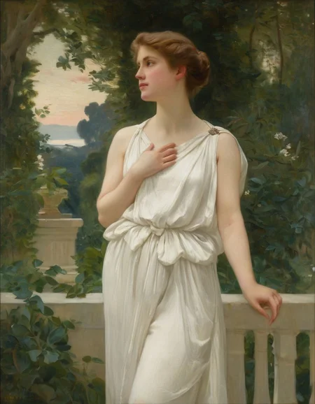 Sgnc, A 19th-century painting depicts a young woman in a white flowing gown standing against a backdrop of lush greenery. She appears to be lost in thought. The overall composition is serene and evokes a sense of tranquility., jewelry, outdoors, earrings, white dress, brown hair, looking to the side, <lora:Seignac_XL:1>