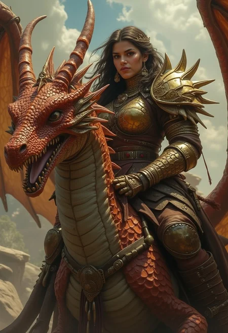a barbarian oriental dragonrider woman in leather and hide armour, earrings, hideb boots, sat astride a large dragon with burnished scales