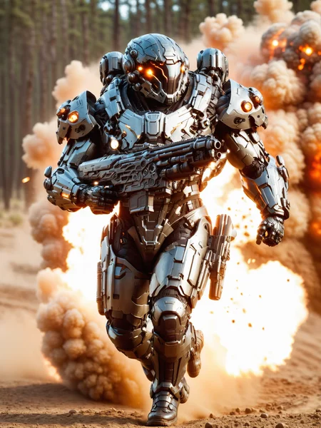 man running over battlefield holding gun, cyberpunk, heavy bodyarmor, helmet, orange visor, armored boots, explosions, dirt, dust, motion blur, mad-hvybdyarmr, cinematic shot, dramatic lighting, masterpiece, best quality, ultra high res, (photorealistic, realistic:1.2), deep shadow, raw photo, film grain, Fujifilm XT3, 8k uhd, dslr