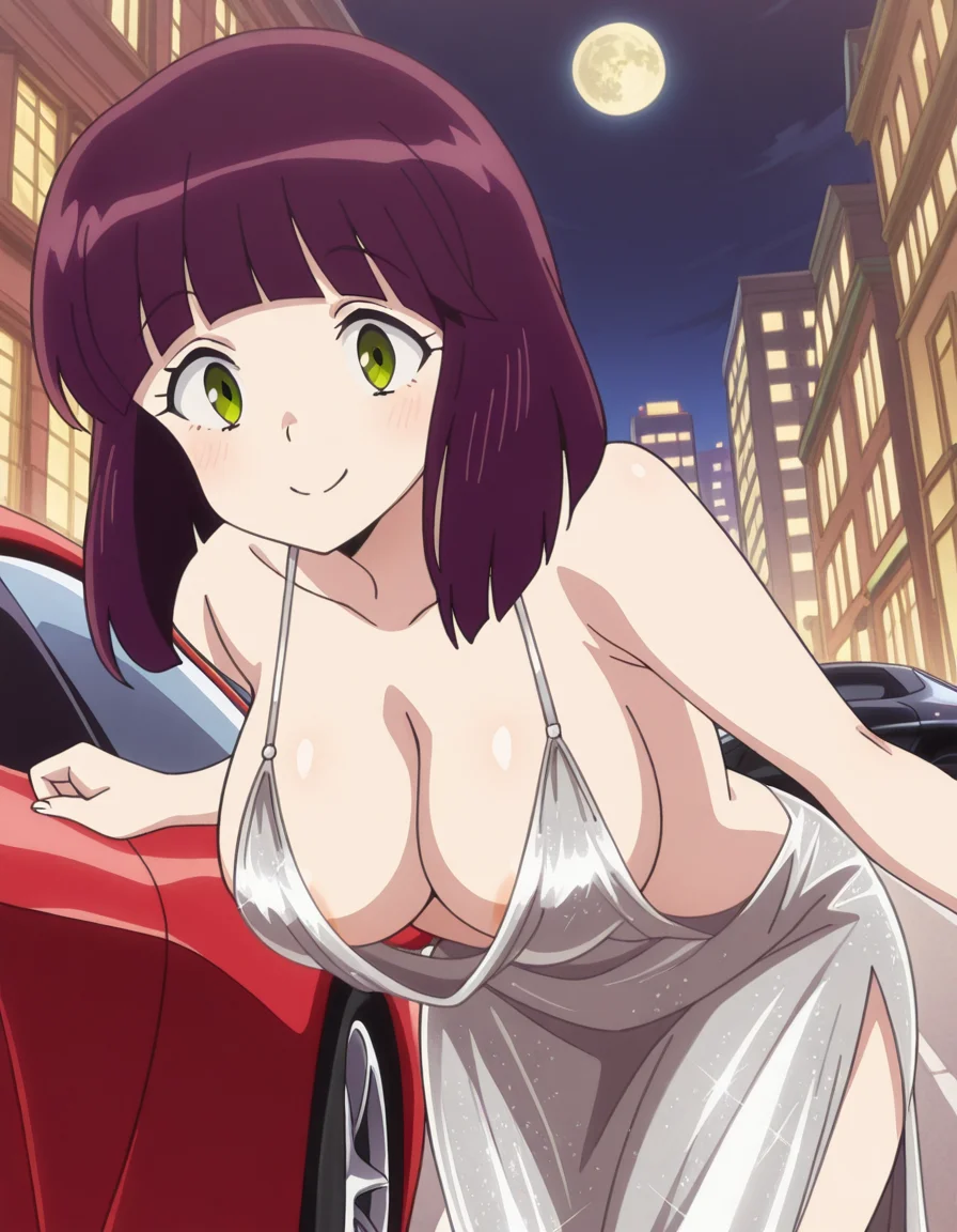 masterpiece, best quality, amazing quality,, <lora:shinobu-miyake-s1-illustriousxl-lora-nochekaiser:1>, shinobu miyake, long hair, bangs, purple hair, green eyes, mature female, breasts, anime screencap, <lora:luxurious-wheels-illustriousxl-lora-nochekaiser:1>, luxurious wheels, st. louis (azur lane) (cosplay), silver dress, cowl neck, evening gown, plunging neckline, cleavage, collarbone, bare shulders, halter dress, backless dress, underboob, sideboob, areola, outdoors, cityscape, street, night, moon, sports car, bent over, smile, blush, cowboy shot, dutch angle,, , ,