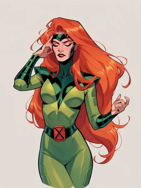 score_9, score_8_up, score_7_up, score_6_up, score_5_up, <lora:JeanGreyXLP:1> jean grey, 1girl, long hair, orange hair, green bodysuit