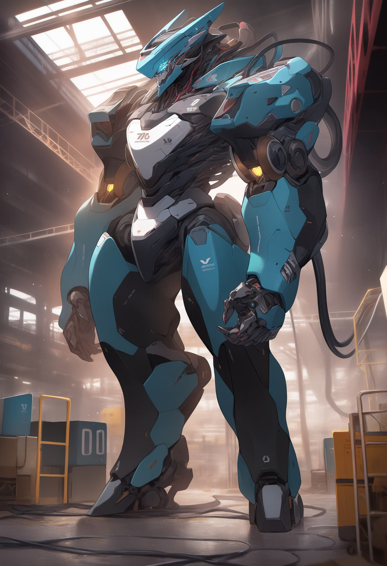 best quality, amazing quality, very aesthetic, absurdres,
giant robot manufacture, (cutaway view:1.2) of mechanical torso, microchip, wire, computer, mechanical legs, (glowing core:1.1), (intricate details:1.4) BREAK
ultra wide shot, indoor, factory, construction platforms, truck, no humans BREAK
promotional art, official art,   <lora:NijijourneyNoob_byKonan:1>