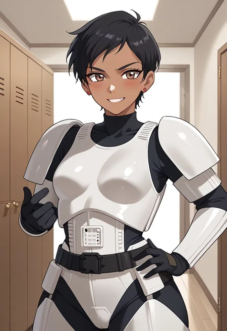 score_9,score_8_up,score_7_up, BREAK ,LoisSDXL,1girl, solo, short hair,black hair,brown eyes,jewelry,earrings,dark skin,dark-skinned female, BREAK,stormtrooper, armor, white armor, bodysuit under clothes, black gloves, belt, covered collarbone, covered neck, BREAK,cowboy shot, hand on hips, standing, looking at viewer, blush, smile, BREAK, indoors, room, closet, Expressiveh