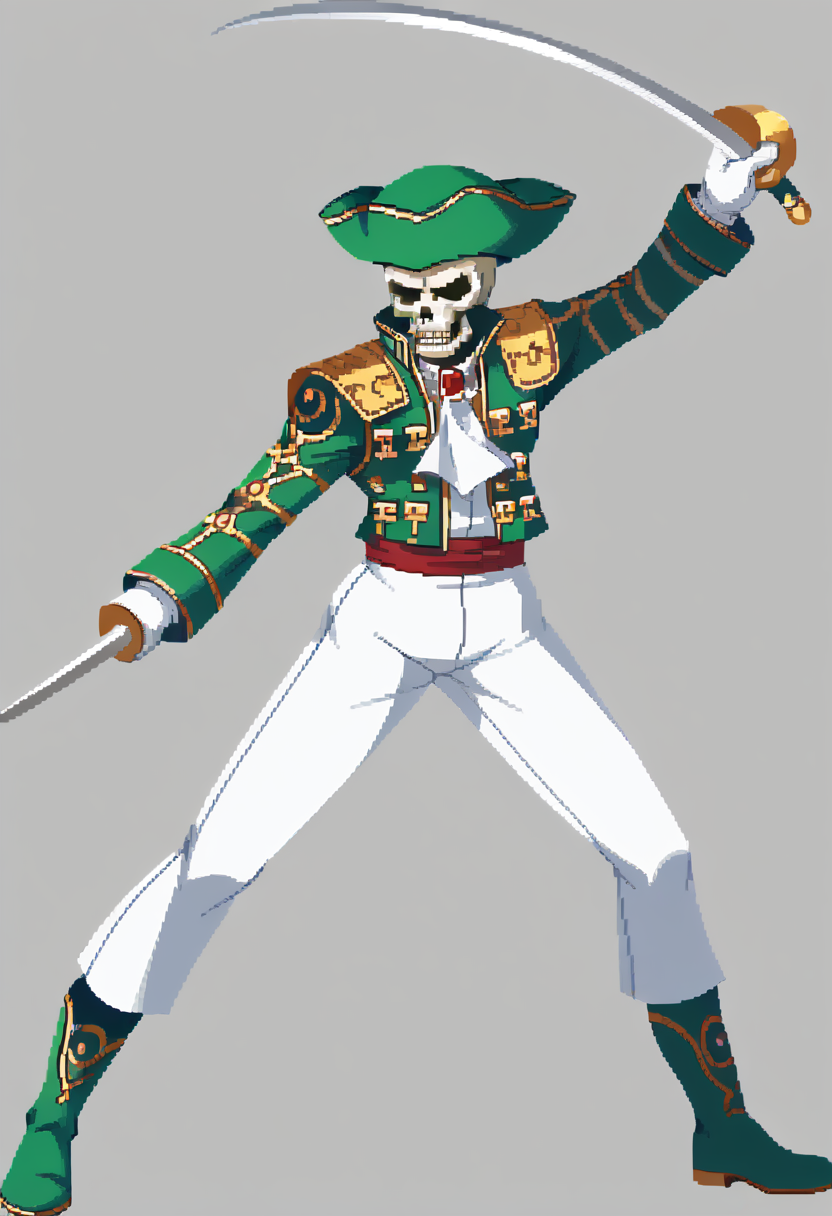 score_9, score_8_up, score_7_up, source_anime, BREAK 1boy, solo, holding sword, <lora:Dengeki_Bunko-pdxl_Fp:1> simple background, full body, <lora:zs_MatadorXL:1> matadorsmt, hat, skull, green jacket, white ascot, white pants, white gloves, green boots
