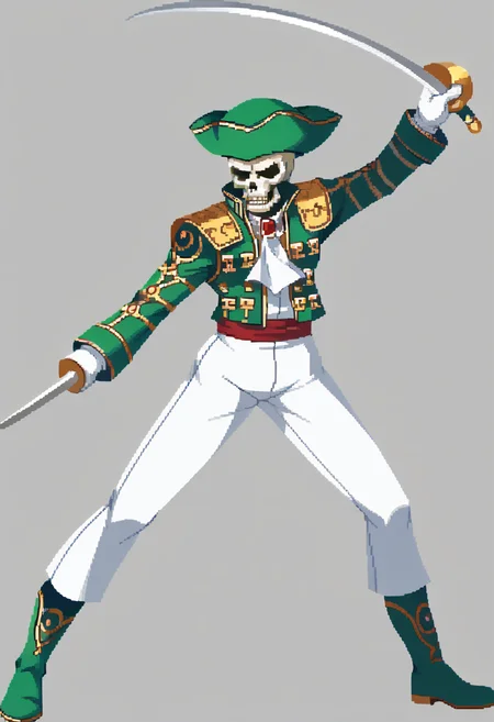 score_9, score_8_up, score_7_up, source_anime, BREAK 1boy, solo, holding sword, <lora:Dengeki_Bunko-pdxl_Fp:1> simple background, full body, <lora:zs_MatadorXL:1> matadorsmt, hat, skull, green jacket, white ascot, white pants, white gloves, green boots