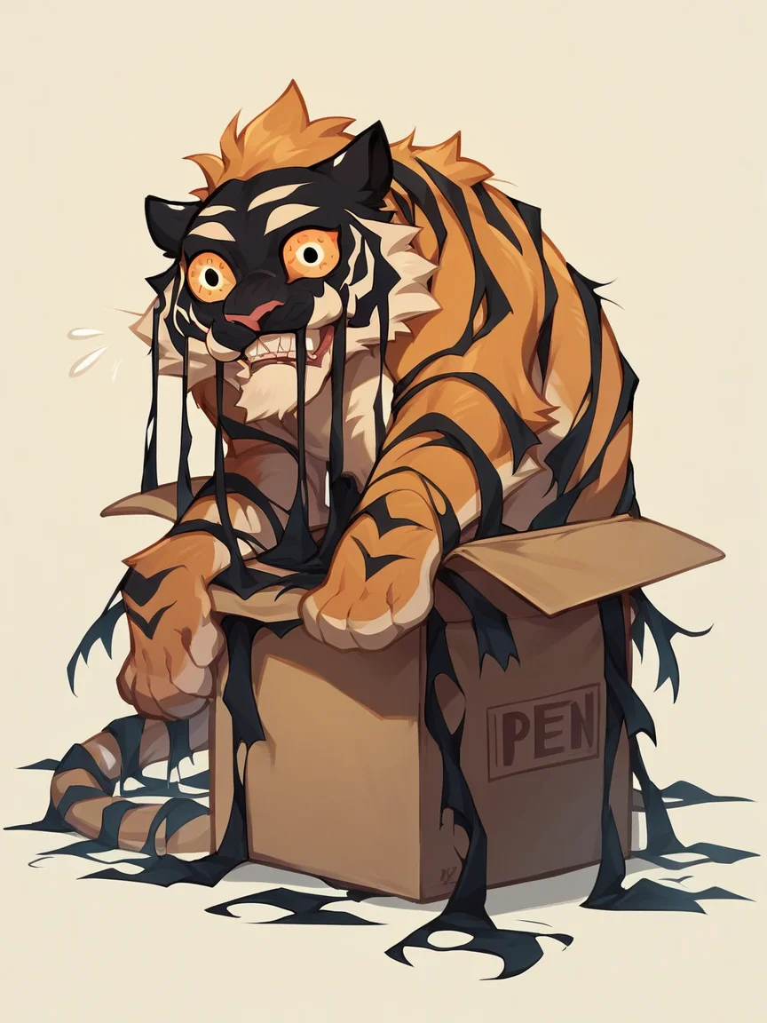 score_9, score_8_up, score_7_up, score_6_up, score_5_up, <lora:dreamtigerXLP:1> dream tiger, no humans, solo, teeth, cute, box