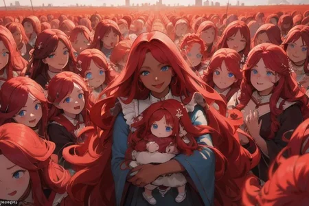 (masterpiece, best quality:1.5), (ultra realistic:1.5), (8k uhd, very high quality:1.5), (extremely detailed face:1.5), (everyone has ruby red hair:1.5), (dark skin mother holding an endless number of infants and surrounded by an endless number of her extremely young children:1.5), (everyone smiling and happy:1.5), (everyone has bright blue eyes:1.5), (everyone has long ruby red hair:1.5), (the woman is surrounded by endless numbers of her extremely young children that fill the entire background:1.5), (the woman is surrounded by an endless number of her very young children that fill the entire background:1.5), (city background:1.5)