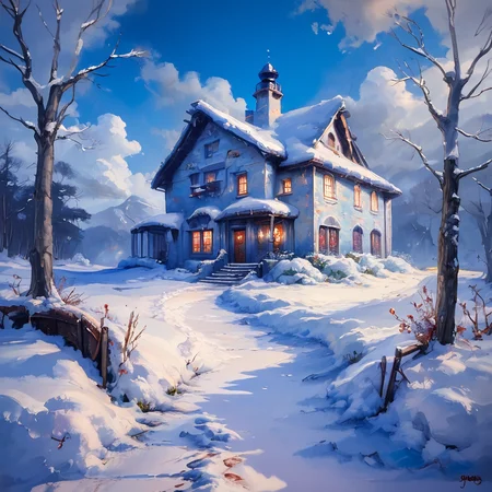 score_9, score_8_up, score_7_up,  <lora:ImpressionismPonyV2:1> ArsMJStyle,  ((Impressionism )), A snow-covered village at dusk, with warm light spilling from cottage windows onto the blue-shadowed snow. Smoke rises from chimneys, blending with the darkening sky. A lone figure hurries along a path, leaving a trail of footprints in the fresh snow, capturing a moment of solitary peace.