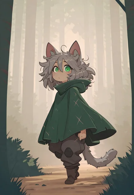Female. Demihuman cat. Catgirl. Gray tabby hair and fur. Green eyes. Petite. Cute. Cat ears and tail. Long messy hair. Scars on body. green cloak. Forest background, (crounched and sneaking), on alert, pants, hooded
