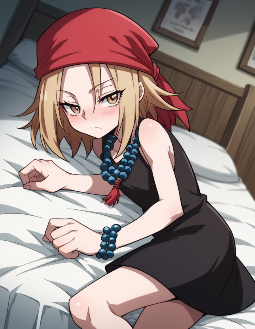 score_9, score_8_up, score_7_up, source_anime,
annakyouyama, <lora:anna-kyouyama-2021-s1-ponyxl-lora-nochekaiser:1>,
anna kyouyama, blonde hair, short hair, brown eyes,
bandana, beads, black dress, dress, prayer beads,
indoors, bed, bed room, on side, blush, drunk,
looking at viewer, cowboy shot, solo, dutch angle