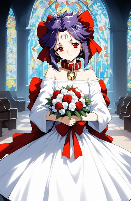 score_9, score_8_up, score_7_up, source_anime, rating_explicit, BREAK <lora:kakurine_Ver2.1_XL:1> kakurine, forehead mark, red eyes, purple hair, short hair, sidelocks, hair bow, red bow, collar,
wedding dress, church, flower, bouquet, church, Stained glass,
holylight,