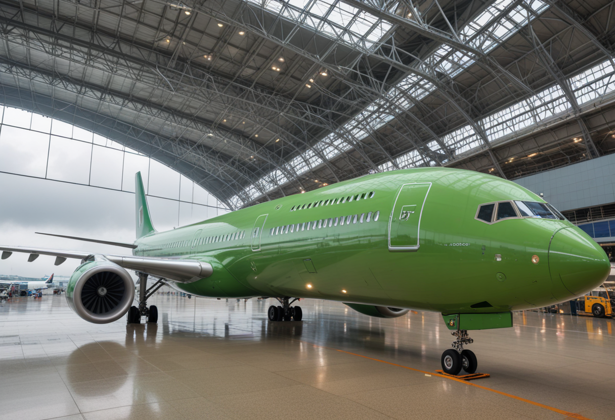 (medium full shot) of (spacious jumbo green airplane) with carbon-fiber fuselage, turbofan engines, sleek nose design, wingtip markings, set in  in an international terminal, the airplane ready to take passengers to far-off destinations, amid stormy weather, Masterpiece,best quality, photo, realistic, very aesthetic,