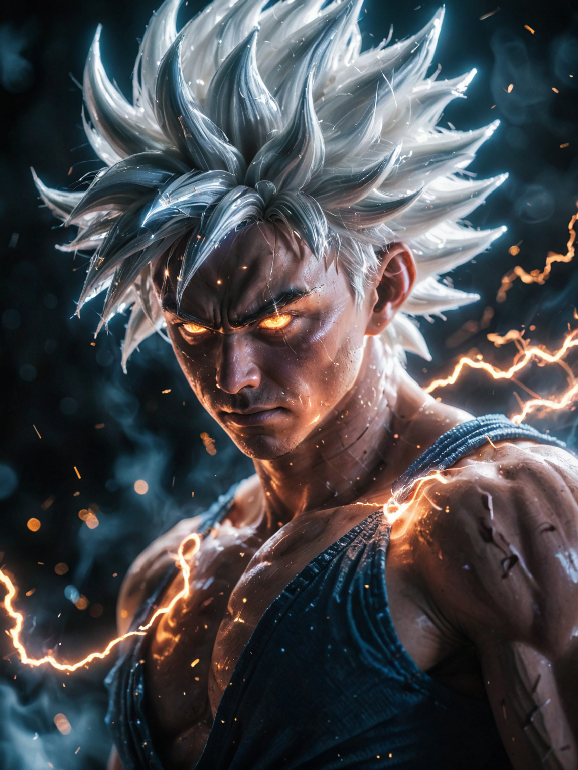 glowneon, photo of glowing Ultra Instinct Son Goku emitting sparks and electricity, dark white, glowing eyes, cinematic film still <lora:glowneon_xl_v1:1> <lora:add-detail-xl:0.8>