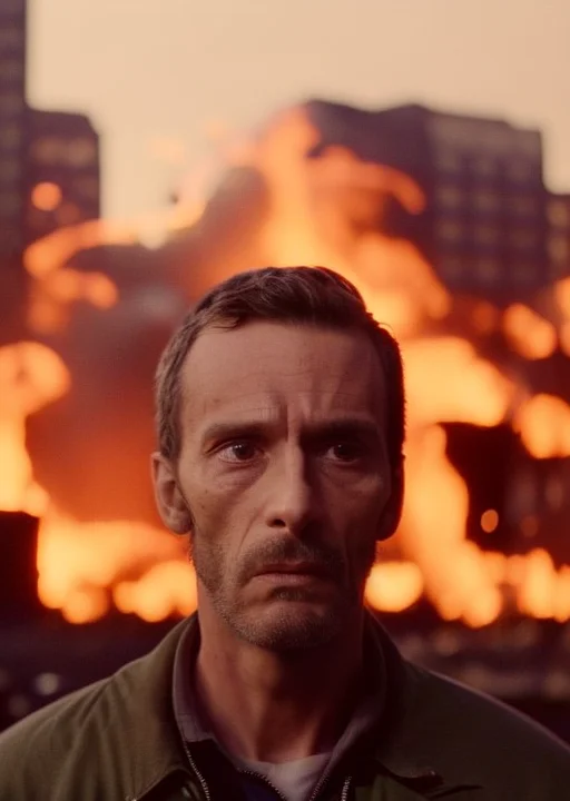(35mmstyle:1) artstyle medium shot portrait photo captivating film still of a Skinny man with a striking expression and body language, Debris from a Giant Explosion in New York City is happening in the background out of focus, depth of field, epic, Anarchy, end of the world