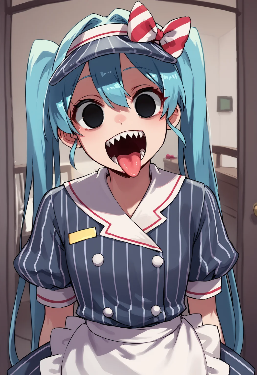 score_9, score_8_up, source_anime,
asanagi, <lora:sdxl_asanagi_v1:0.4>, <lora:Smooth Anime Style LoRA XL:0.6>, <lora:SuimitsutouKoubou-1024-Prodigy-32:0.35>, <lora:muk_pony_v1:0.25>, by muk \(monsieur\)
BREAK,
1girl,<lora:Mesmerizer_PDXL_resized:0.8>, mikumesmerizer, hatsune miku,
vertical-striped dress, waist apron, sharp teeth, visor cap, open mouth, tongue, empty eyes,
indoors