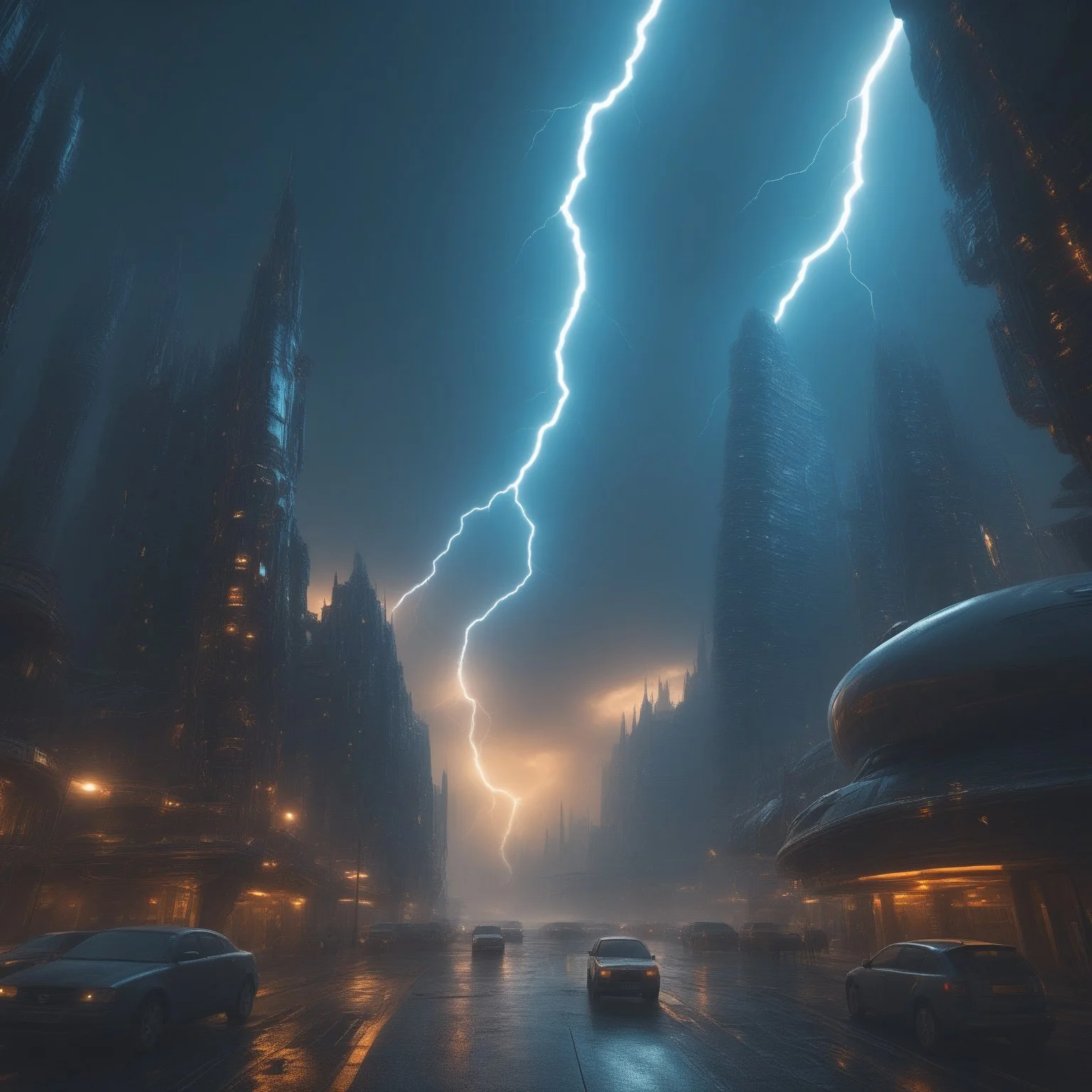 symphtia-style, masterpiece, best quality, absurdres, vibrant, highly detailed, very aesthetic, volumetric lightning, cityscape, futuristic european architecture, (futuristic theme:1.2), night, polluted atmosphere, sunset, dark clouds cover, thunder