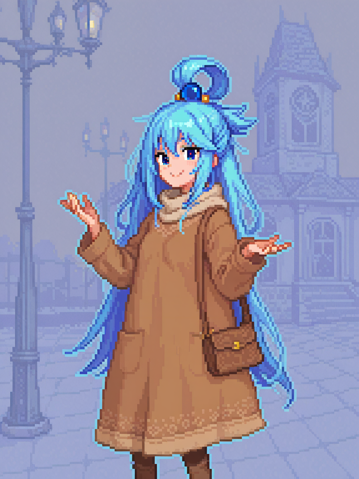 blue_eyes, outline, looking_at_viewer, ,aqua_\(konosuba\), hair_ornament, pixel-art, close-up, blue_hair, o-face,