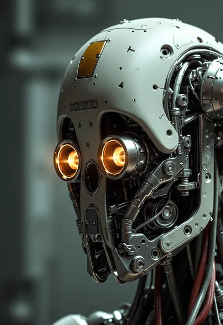 SCI_FACTOR_CORE Close-up on the CCTV head robot's mechanical details: exposed wires, intricate metalwork, and miniature camera-like eyes gleaming with warm, golden light. Framed by a blurred industrial cityscape or setting, emphasizing the robot's functionality and high tech technological prowess.