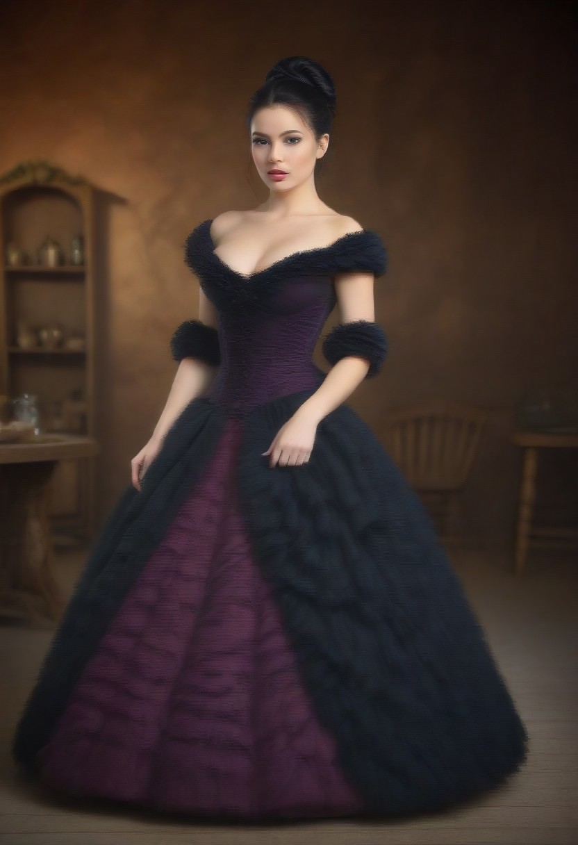 wild west, saloon, female, black hair, big hair, pony tail, hour glass figure, colorful Victorian dress, high detail, perfect face, 28 years old, fully dressed,