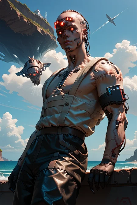 score_9, score_8_up, score_7_up, score_6_up
<lora:CyberDumDum:0.8>
CyberDumDum, 1boy, cyborg, red eyes, extra eyes, cyberpunk, looking at viewer, standing on a cliff overlooking the ocean, wearing a flowing white linen shirt, wind blowing dramatically, powerful waves below, ethereal and majestic