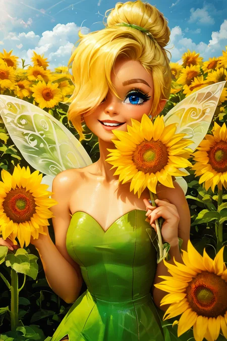 score_9, score_8_up, score_8, medium breasts, (curvy), cute, eyelashes, BREAK, , BREAK, TinkerWaifu, fairy wings, blonde hair, blue eyes, green dress, sexy, hair bun,, <lora:tinkerbellPonyXL_character:0.8>,, zzSunflower, upper body, outdoors, hand up, portrait, one eye covered, yellow flower, holding flower, <lora:Sunflower_PDXL_v2:0.8>, <lora:Puppypaww_Style_PDXL_v2:0.8>, BREAK, smile, looking at viewer, cowboy shot, embedding:zPDXL, Expressiveh, <lora:SDXLFaeTastic2400:0.5>, <lora:Expressive_H-000001:0.4>,