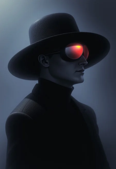 An ethereal image of a mysterious figure in a dark hat and surreal goggles, evoking a neo-noir vibe with subtle metallic and reflective textures, in the style of AETHR