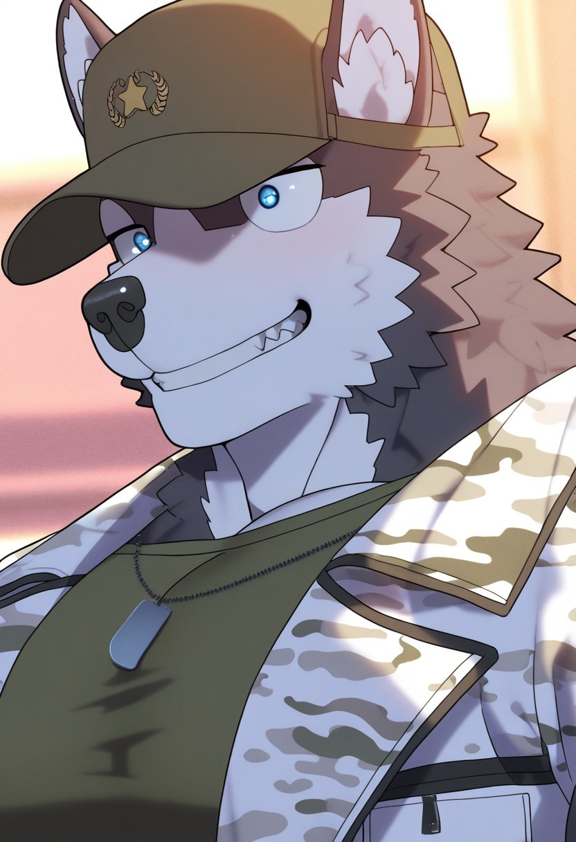 BREAK masterpiece, amazing quality, best quality, high res, HD, 8K, intricate details, Extremely detailed, detailed eyes, solo, male focus, beautiful, very aesthetic, hyper-detailed, cinematic lighting,  beautiful vibrant colors, furry male, furry,  <lora:ConnorV1:1>, ConnorDT, dog boy, husky, grey fur, short hair, blue eyes, wolf tail, muscular, bara, soft shading, athletic build, green shirt, white camo pants, jacket, cap, face focus, upper body, portrait, smile