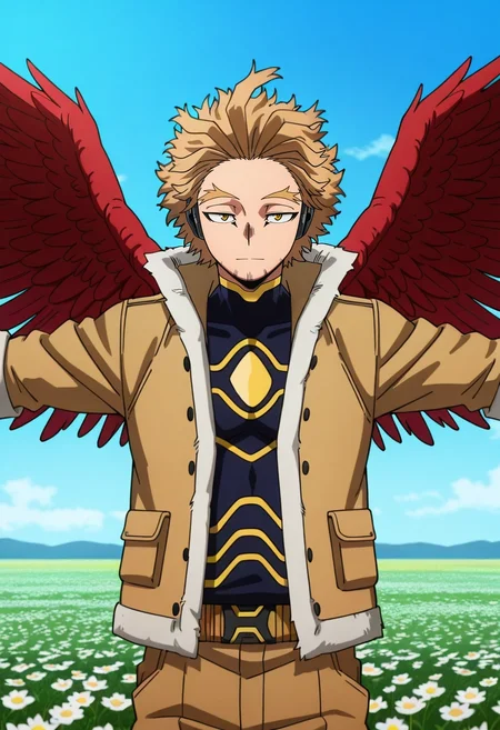 masterpiece, best quality, , anime screencap, anime coloring, , looking at viewer, 1boy, solo, male focus, <lora:keigo_takami_ilxl:0.96>, keigo_takami, hawks \(boku no hero academia\), blonde hair, yellow eyes, short hair, facial hair, stubble, wings, feathered wings, red wings, rule of thirds, flower field, flowers, dawn, spread arms, relaxed,