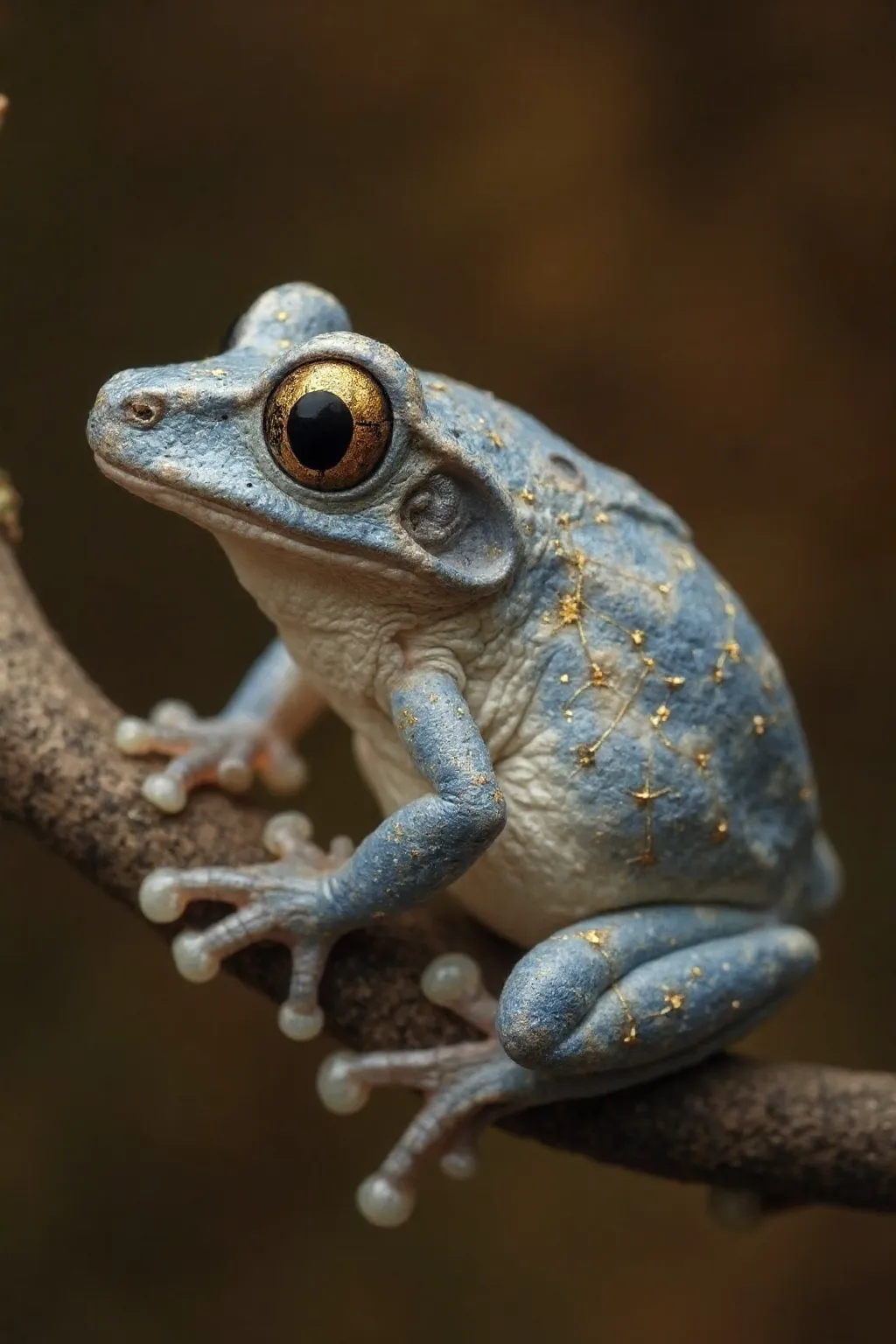 An incredibly beautiful Amazonian treefrog perched on a branch. He has bright golden eyes and a celestial pattern all over his body. The frog has with skin that is a mix of pale sky blue and beige. The color of his skin is almost like a stormy sky at sunset, with astrological constellations mapped out in gold and small stars on a few of the constellation intersections. There are topographical lines which appear very delicately in the pattern on his skin underneath the constellations. Photo realism. Extreme detail. Wildlife photography.