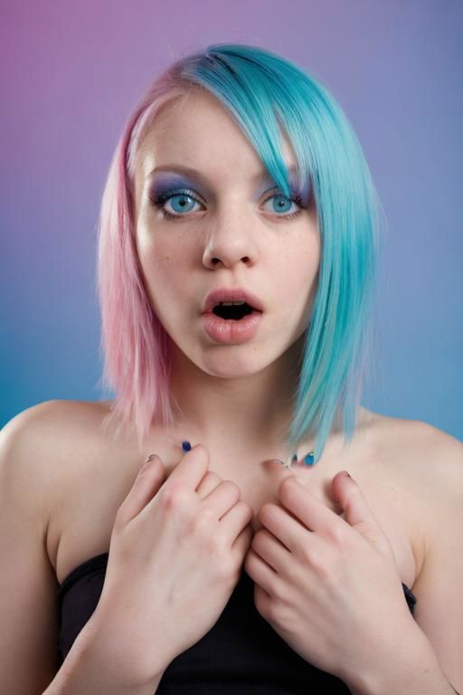 Film still, cinematic, flash photography, 2005 cute emo woman, suprised, open mouth, scene girl, pastel hair, vibrant pastel blue background, sharp focus, detailed skin texture, detailed eyes,