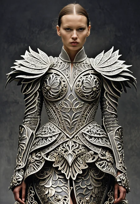 Surrealist art <lora:Alexander McQueen-concept art-000005:1>, alexander mcqueen, concept art, armor dress . Dreamlike, mysterious, provocative, symbolic, intricate, detailed