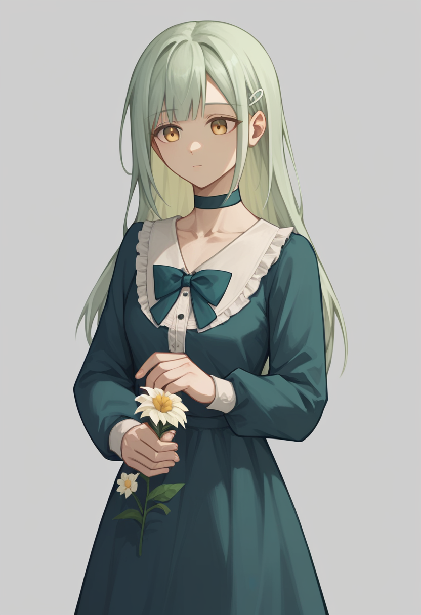 score_9,score_8_up,score_7_up,<lora:wakaba_mutsumi_tomori_pony_v1:1>,standing, chinese_commentary, bowtie, 1girl, simple_background, long_sleeves, holding, choker, grey_background, solo, wakaba_mutsumi, collarbone, flower, dress, highres