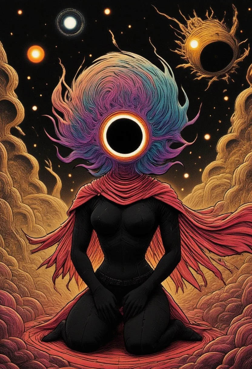 ZanyEyesStyle, m100-style, a charming busty knightess with a Planethead, juicy, deep blacks, charming mysterious, kneeling Action Scene, black skin, billowing translucent vibrant Rainbow colored cape, In awe of existence and the universe as a whole, frozen in the realisation of her own powerlessness, she stares into the universe and drools, her vital functions completely shut down
