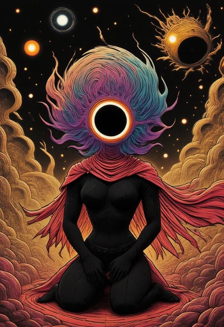 ZanyEyesStyle, m100-style, a charming busty knightess with a Planethead, juicy, deep blacks, charming mysterious, kneeling Action Scene, black skin, billowing translucent vibrant Rainbow colored cape, In awe of existence and the universe as a whole, frozen in the realisation of her own powerlessness, she stares into the universe and drools, her vital functions completely shut down