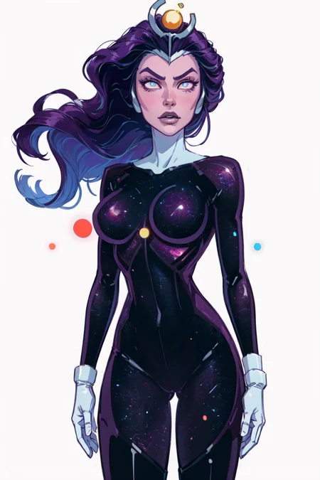 (Supernova), bodysuit, gloves, purple skin, (solid white background, plain background:1.5), (realistic:1.2), (masterpiece:1.2), (full-body-shot:1),(Cowboy-shot:1.2), dark romantic lighting, (highly detailed:1.2), (detailed face:1.2), (gradients), colorful, detailed eyes, (natural lighting:1.2), solo, <lora:add_detail:0.3> <lora:BeautifulEyes:0.6> <lora:RickandMortySupernova-10:0.8>